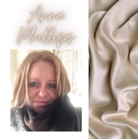 a photo of a woman with a scarf and a piece of fabric