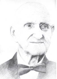 a pencil drawing of an older man in a bow tie
