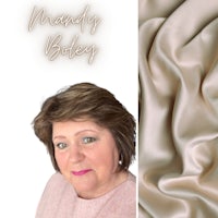 a woman in a pink shirt is standing next to a piece of fabric