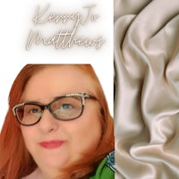 a woman in glasses is standing next to a piece of fabric with the words kenneth to matthews