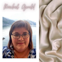 a photo of a woman with glasses and a beige fabric