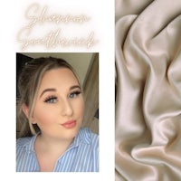 a photo of a woman wearing a striped shirt and a beige satin