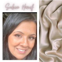 a photo of a woman with a beige hair and a beige fabric