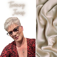 tracy jones - a woman with glasses and a piece of fabric