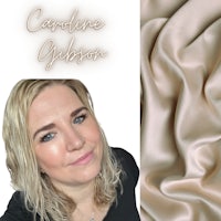 a photo of a woman with a blond hair and a beige silk fabric