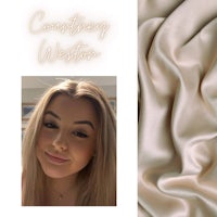 a photo of a woman in a beige dress