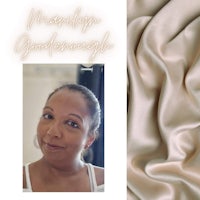 a photo of a woman in front of a piece of fabric